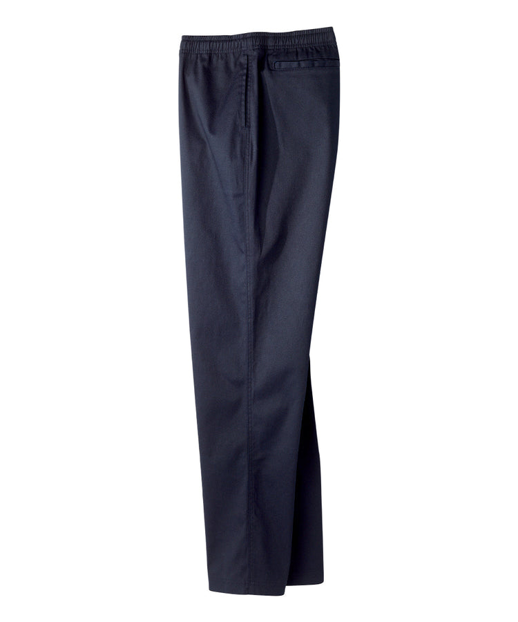 side of full length soft navy cotton pants with elastic waist and pockets on side