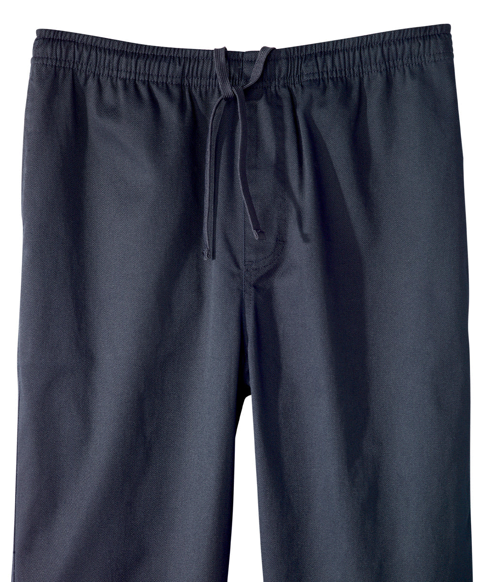 Front close up of navy cotton pants with elastic waist and adjustable drawstrings at front