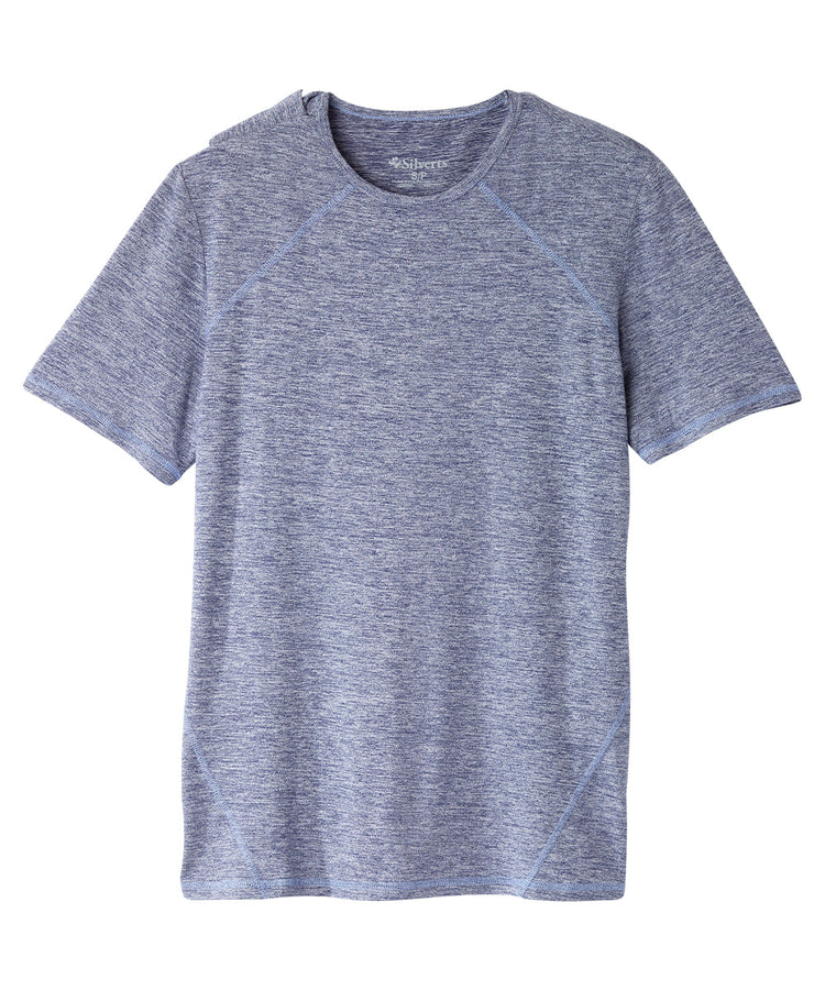 Indigo crew neck t shirt with back closure snaps.