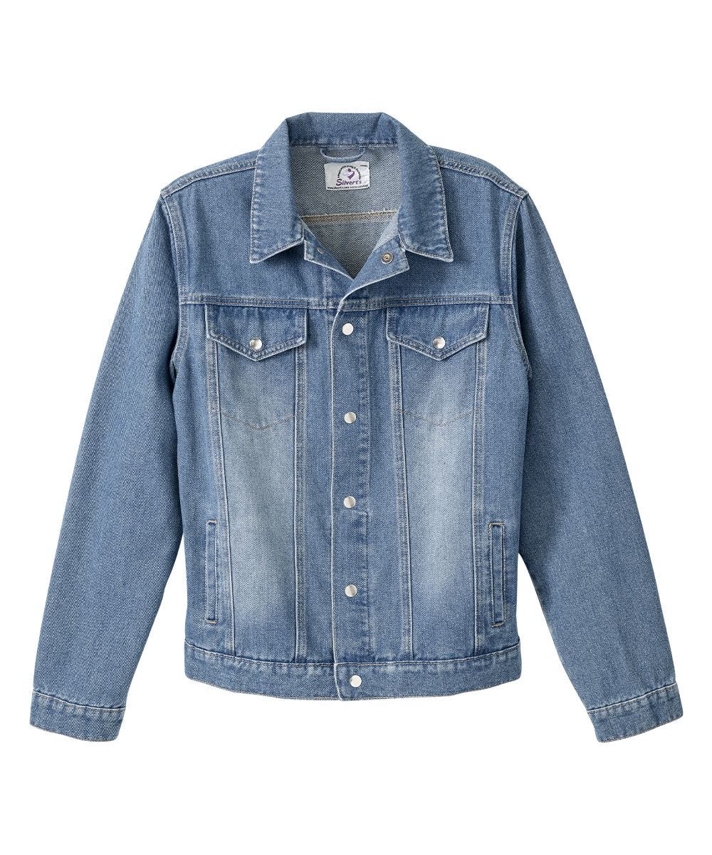 Light blue long sleeved denim jacket with two front flap pockets and magnetic silver buttons