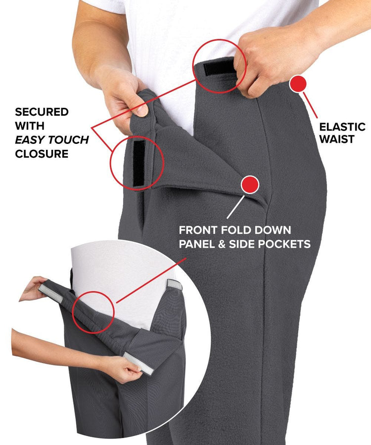 Dress pants feature wide and discrete side panels that open and close easily with velcro