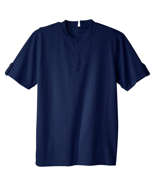 Men’s navy Henley shirt with snap closures at shoulder and three buttons at the front