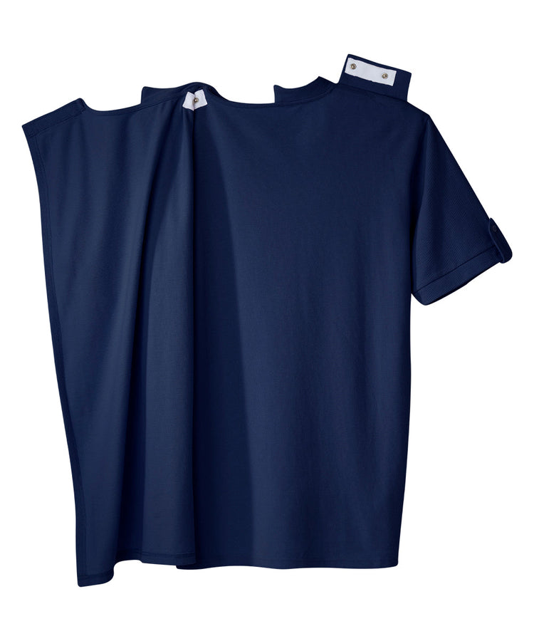 Navy Henley shirt with snap closures at shoulders to secure the discrete full open back