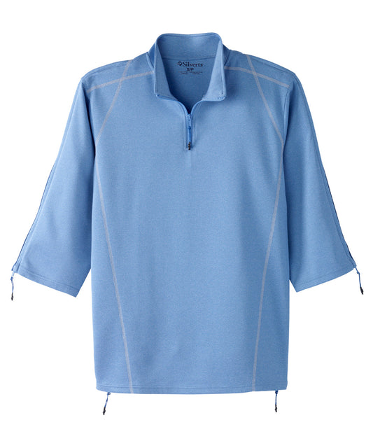 Light blue collared shirt with zips on arms and at front