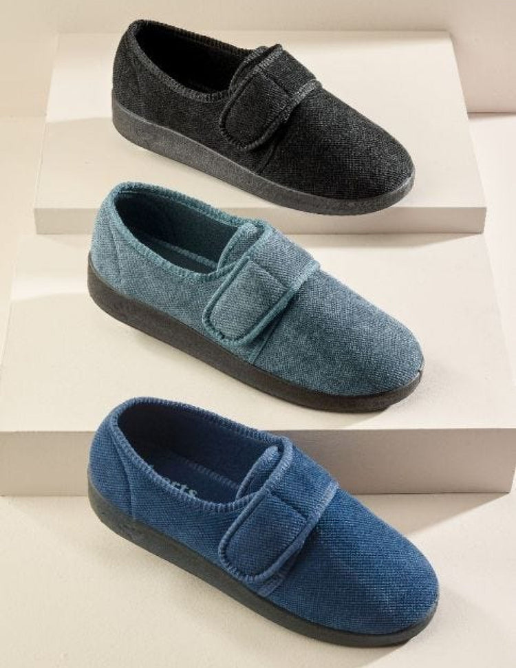 Three wide indoor non slip slippers with large Velcro closures in colours black, grey and navy