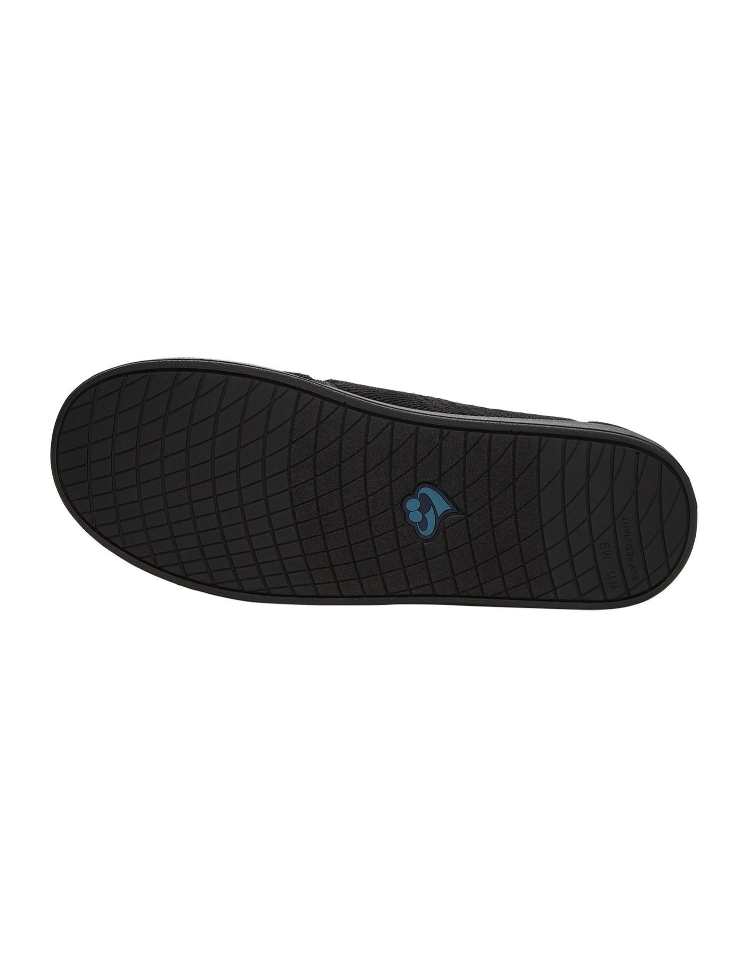 Bottom of wide indoor black slippers with non-slip black soles and removable memory foam insoles