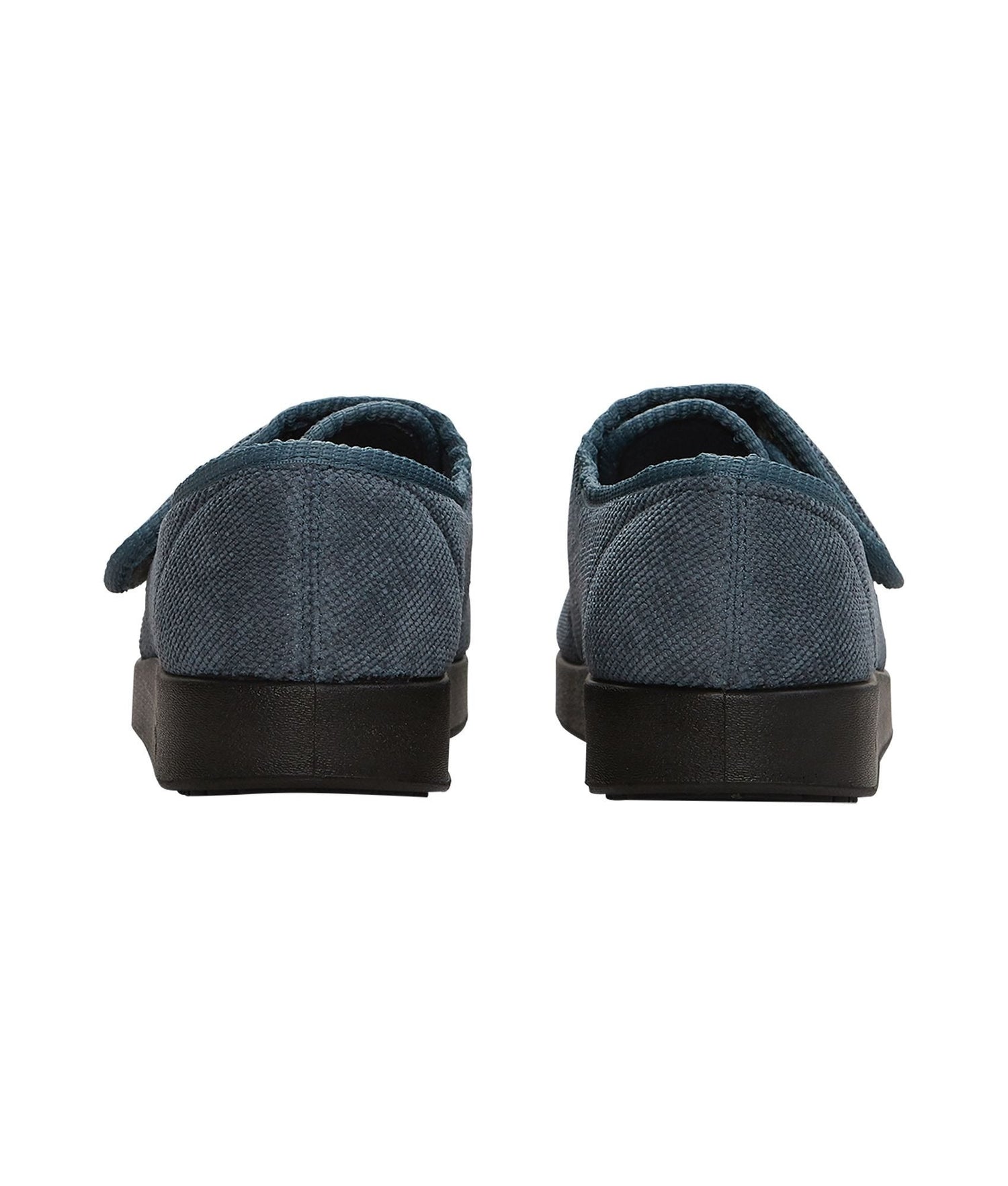 Back of soft and flexible wide grey indoor slippers with non slip black soles