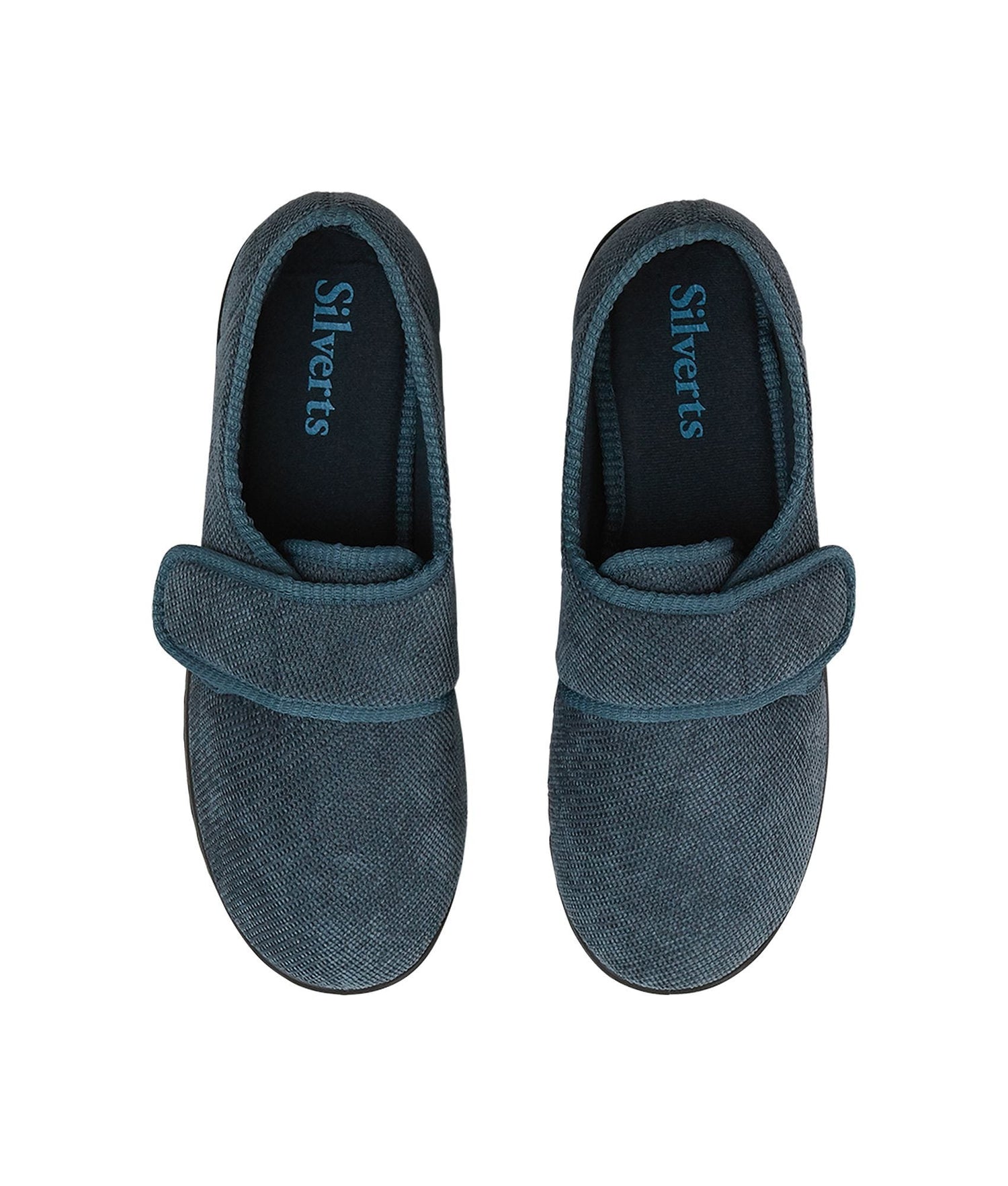 Top of wide grey indoor slippers with Velcro closures and removable memory foam insoles