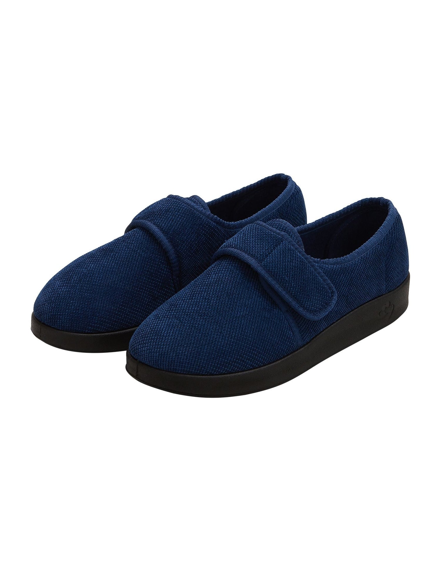 Wide soft navy indoor slippers with large Velcro closure at front and black soles