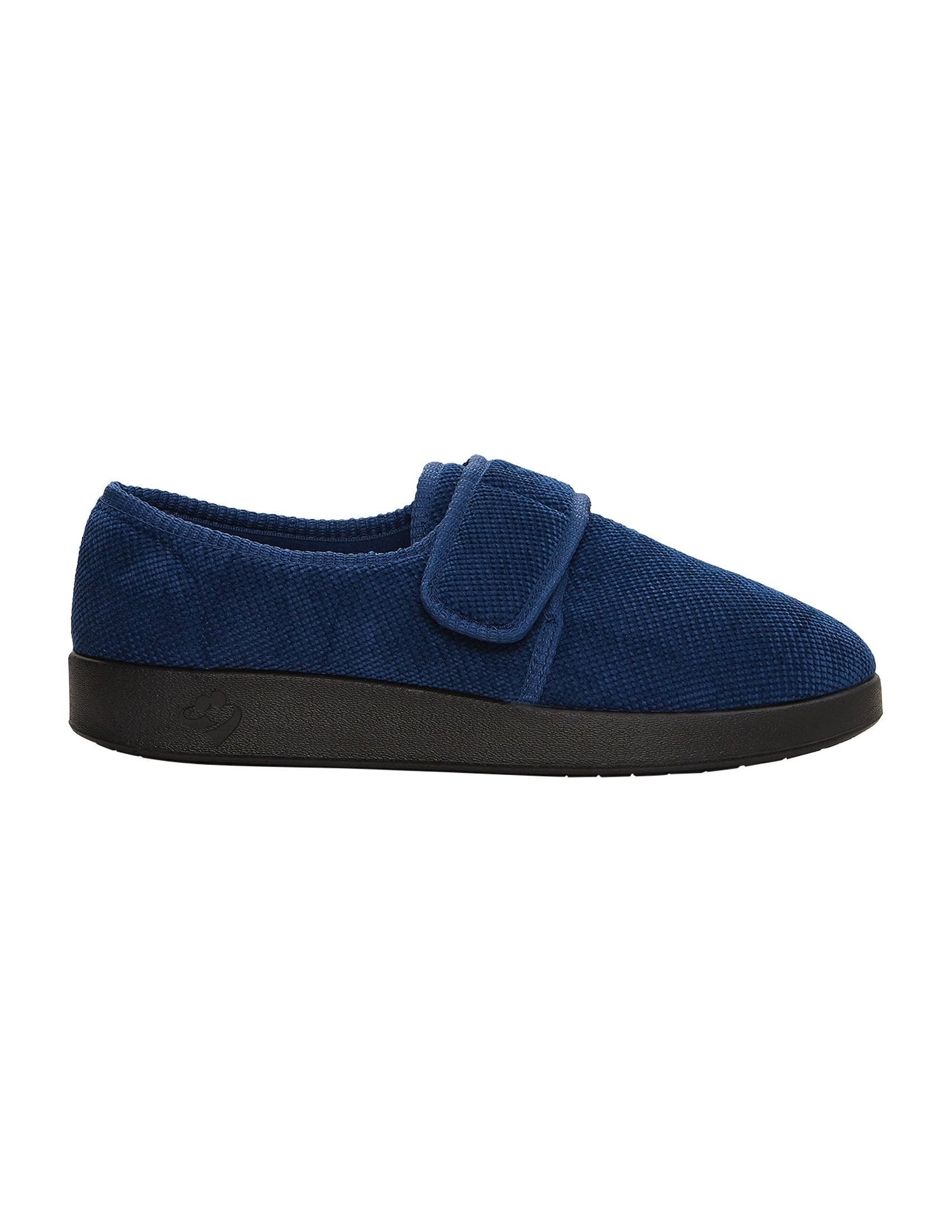 Side of wide navy non-slip indoor slippers with large Velcro closure at top adjusting fit