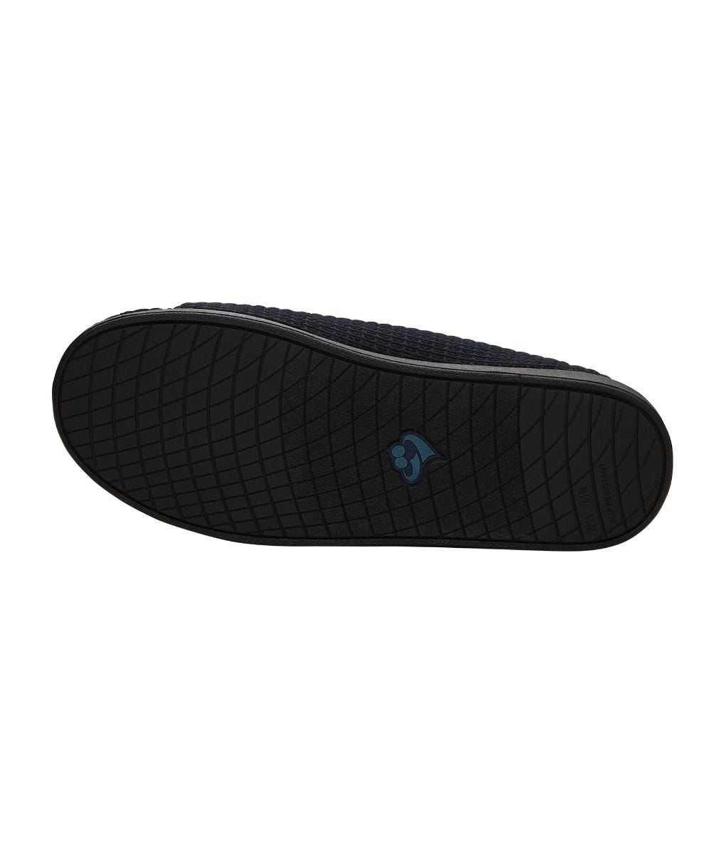 Bottom of wide black indoor slippers with black soles and removable memory foam insoles