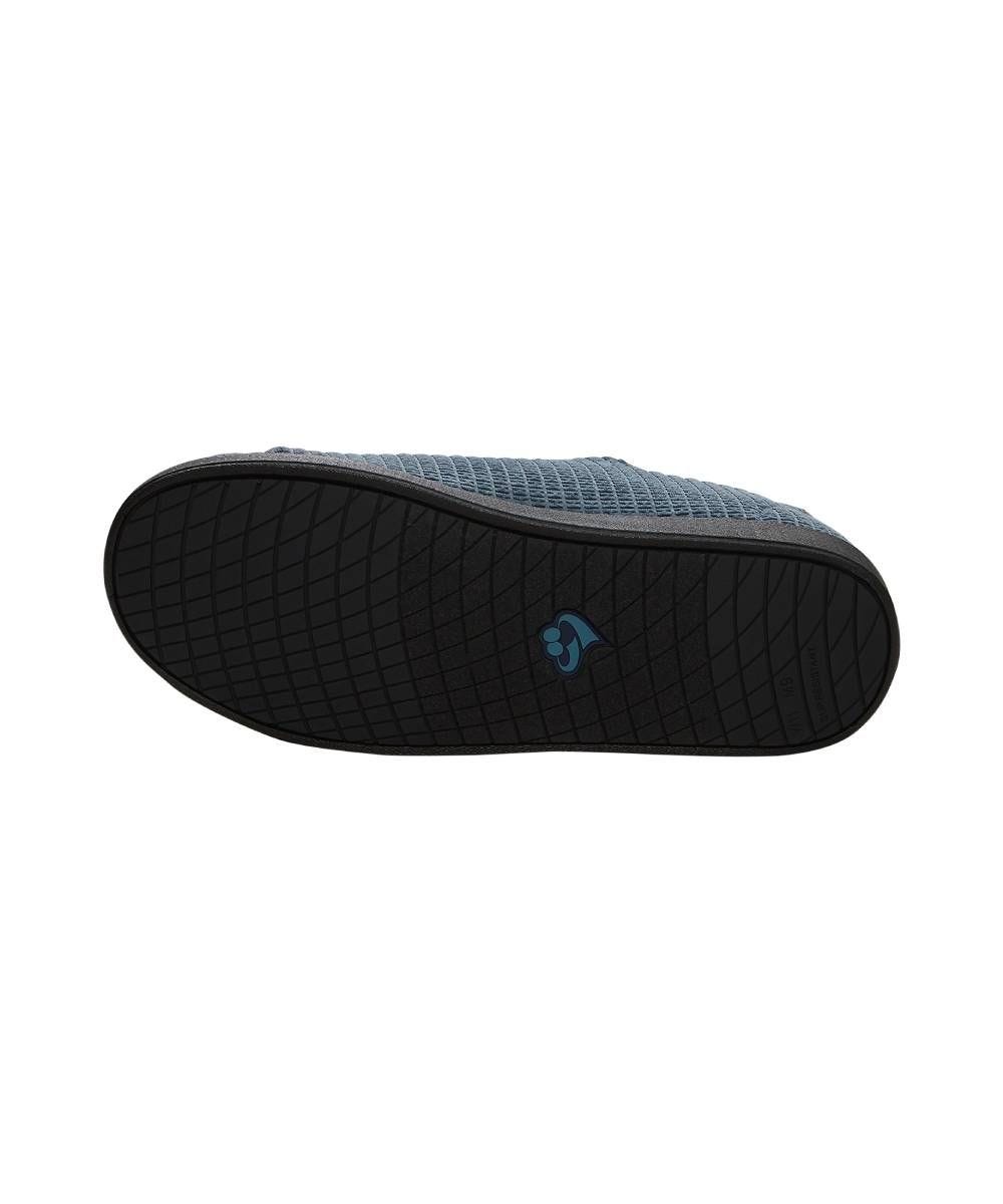 Bottom of wide grey indoor slippers with black soles and removable memory foam insoles