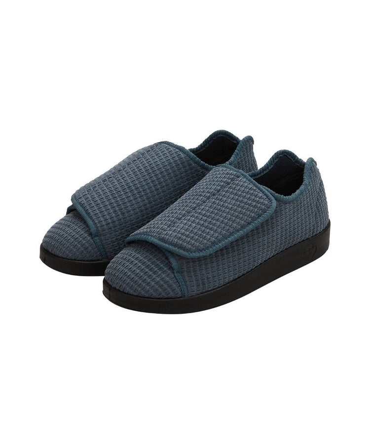 Extra wide soft grey non slip indoor slippers that open up completely with large Velcro closures