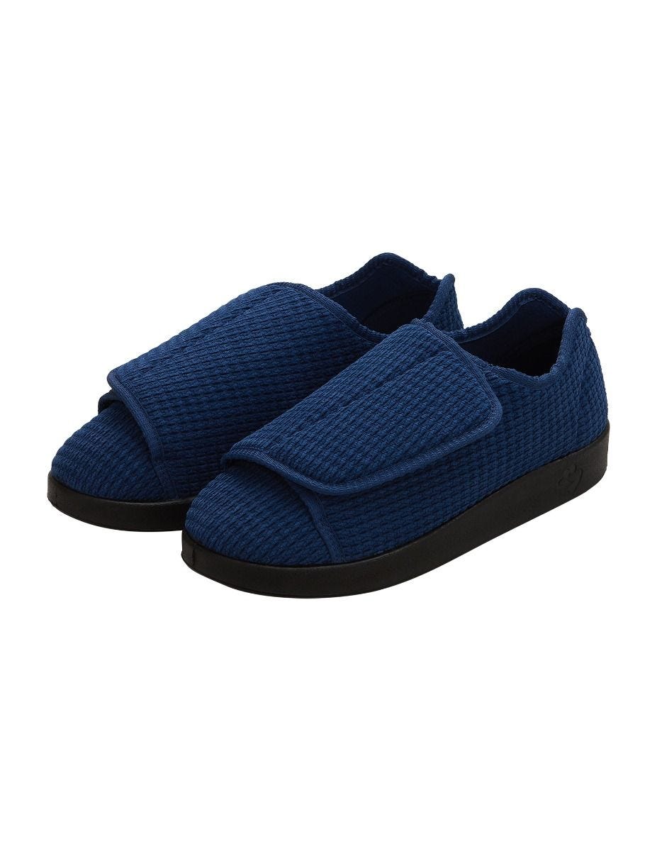 Extra wide soft navy non slip indoor slippers that open up completely with large Velcro closures