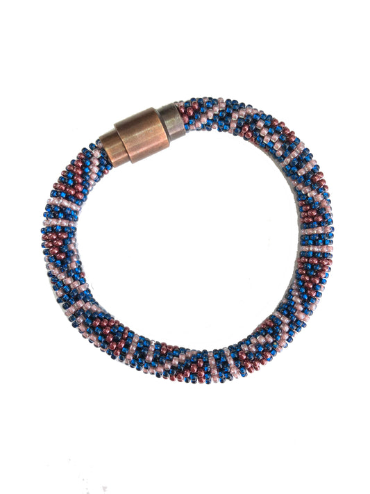Blue, burgundy, and light pink bracelet with vintage copper magnetic closure.