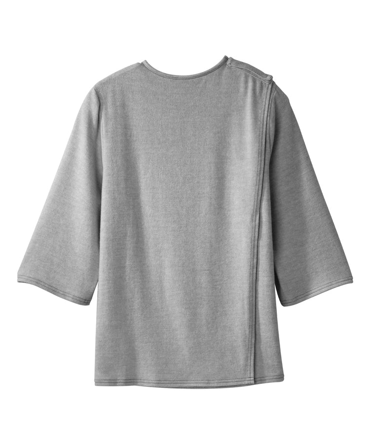 Grey top with snap closures on shoulder