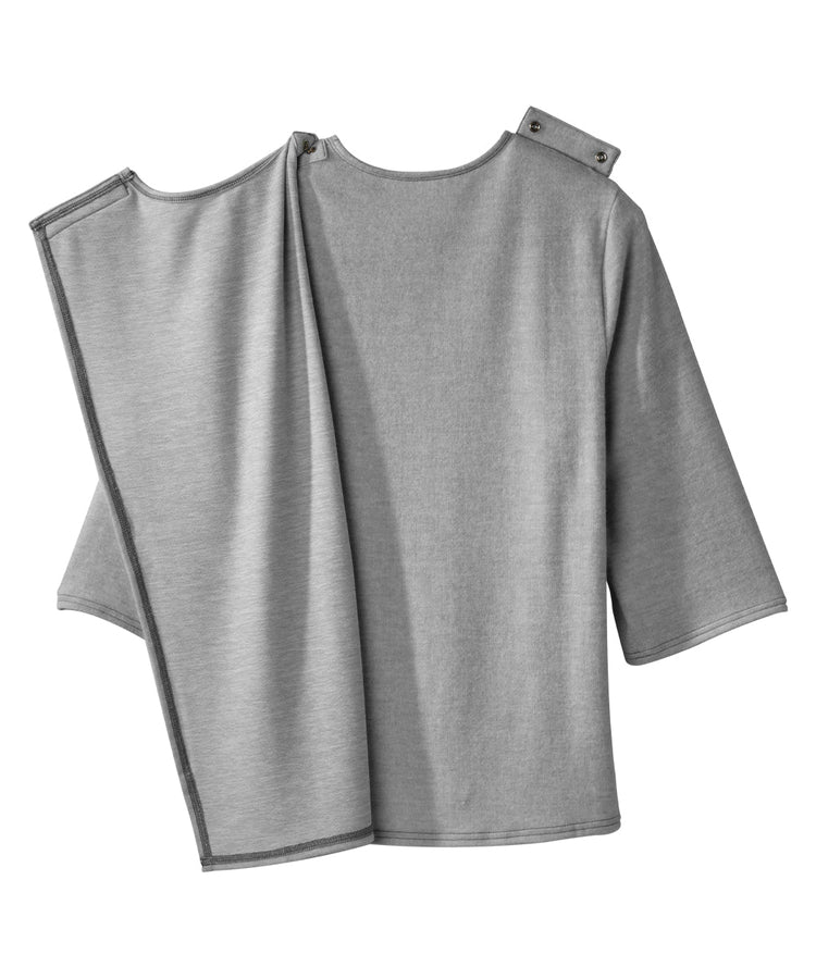 Grey top with full open back and snap closures on shoulders