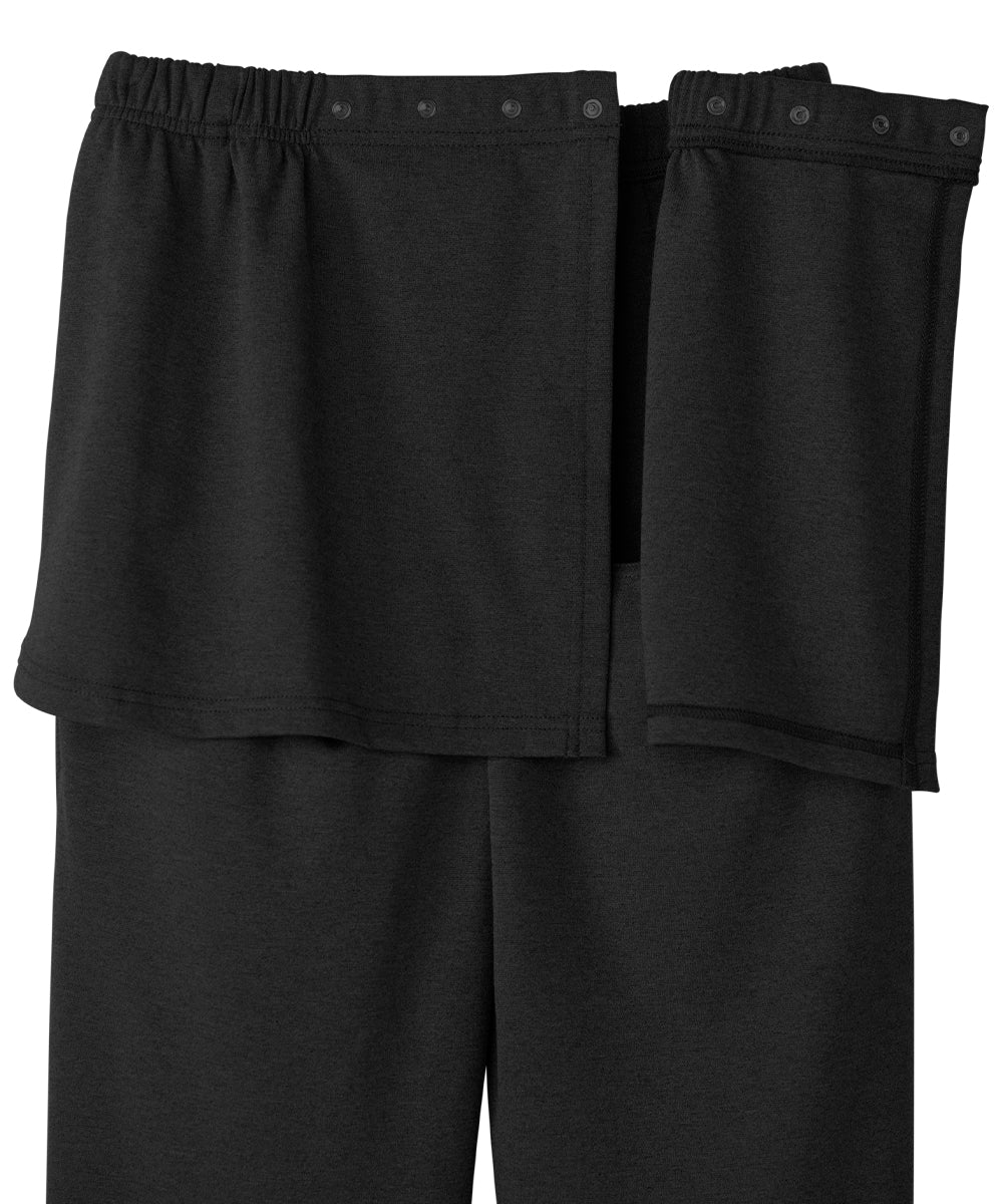 Women's black knit pants with snap closures at waist