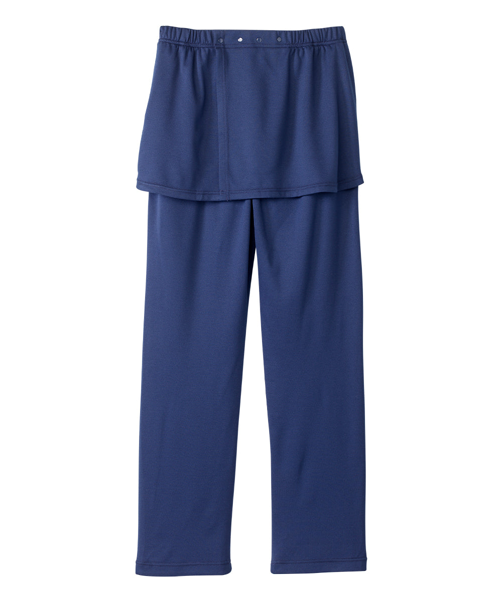 Women's blue knit pants with snap closures at waist