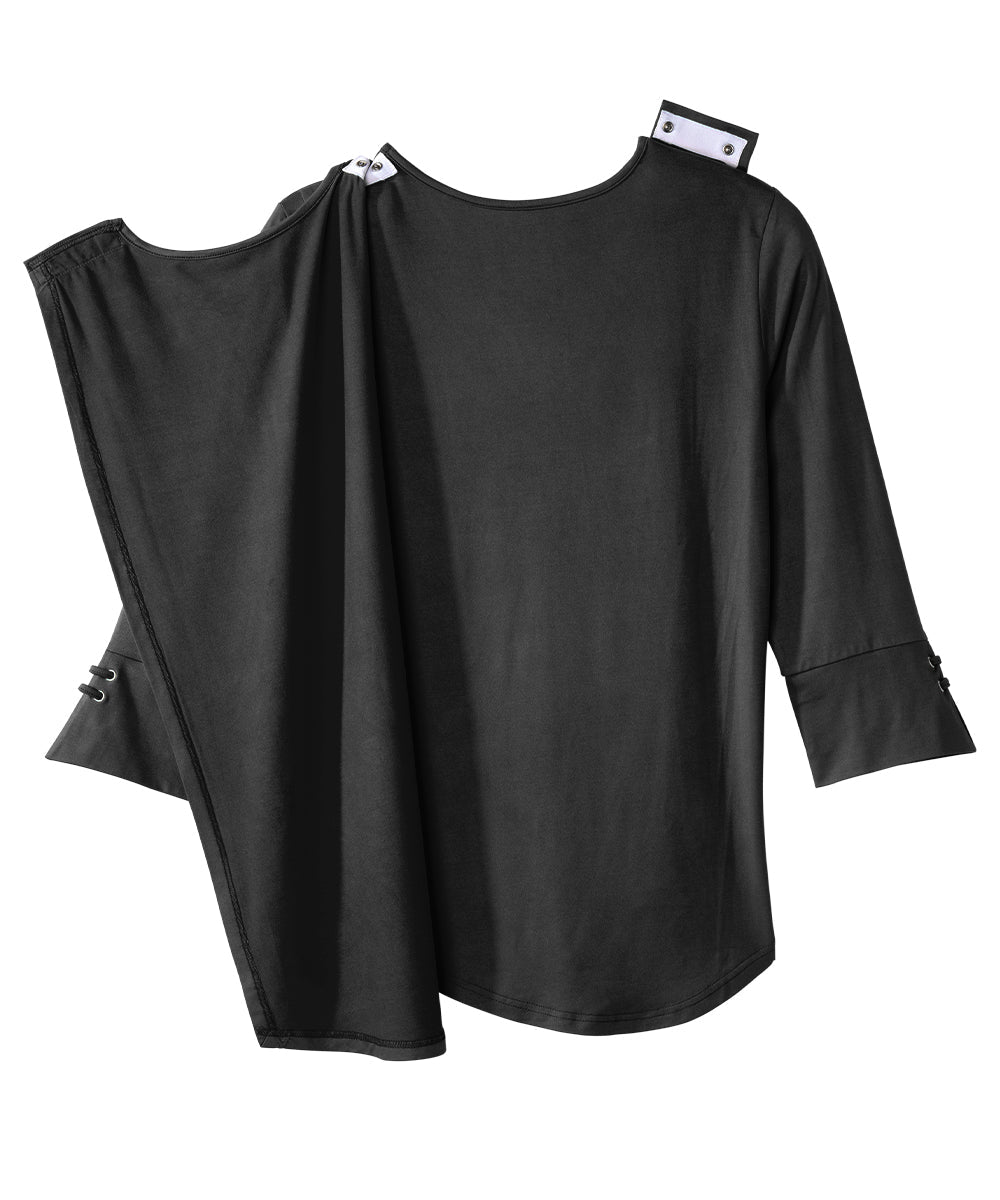 Back of black flowy top with open back and snap closures on shoulders