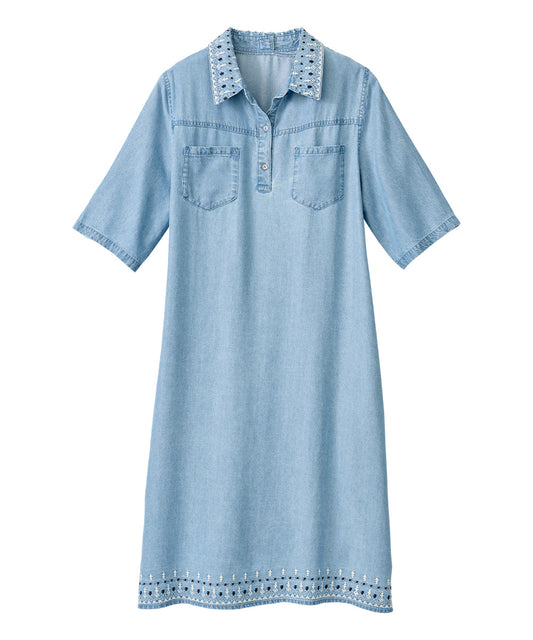 Denim dress with details on collar and bottom