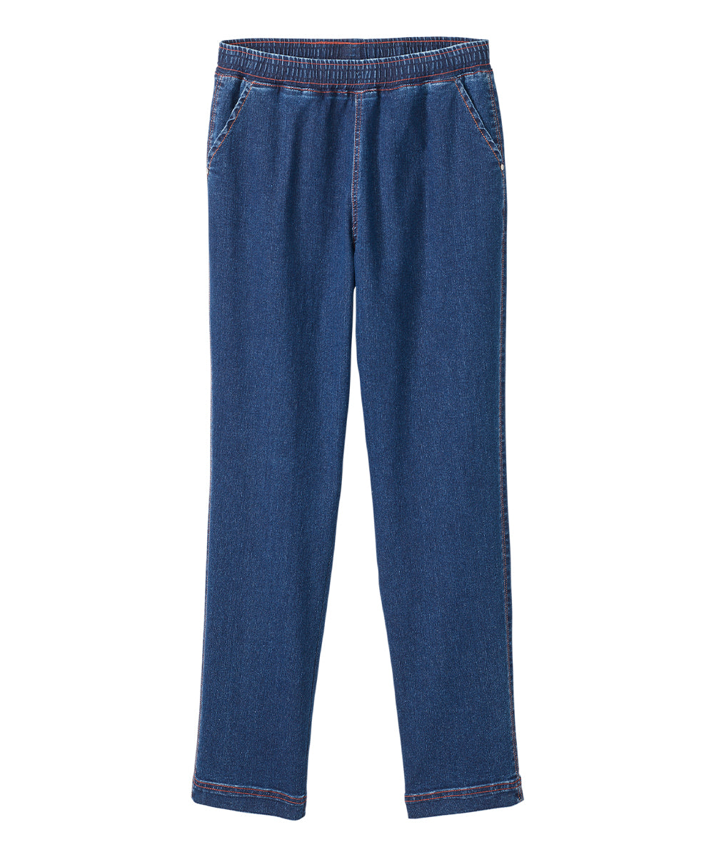 Women’s indigo blue cargo jeans with pull up loops, four convenient pockets, and adjustable hem.