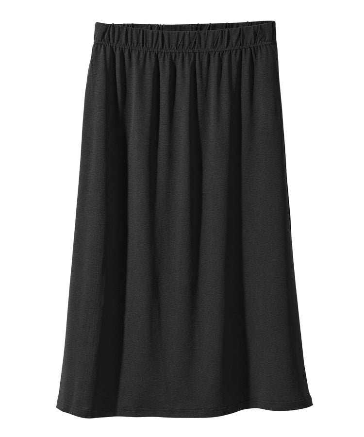 Women’s black pull on skirt with pull up loops and elastic waistband.