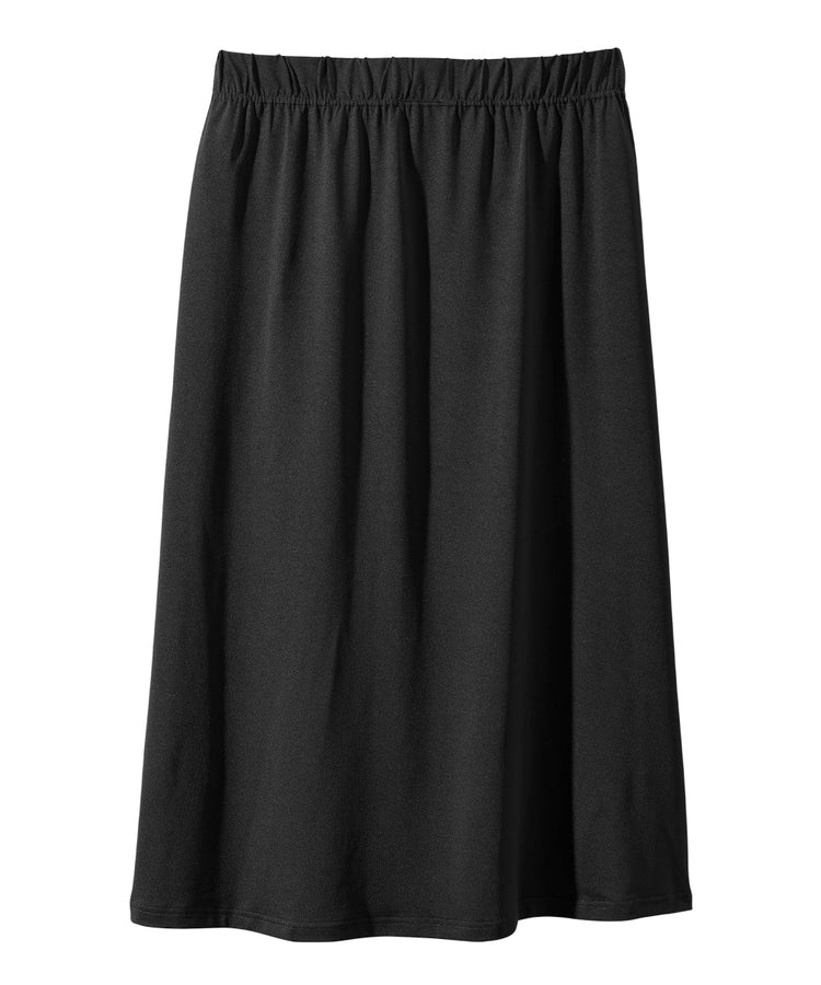 Women’s black pull on skirt with pull up loops and elastic waistband.