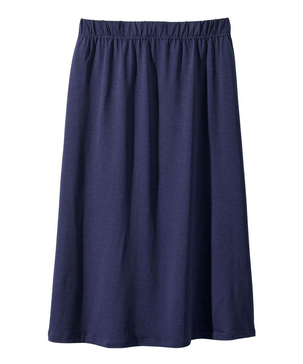 Women’s navy blue pull on skirt with pull up loops and elastic waistband.