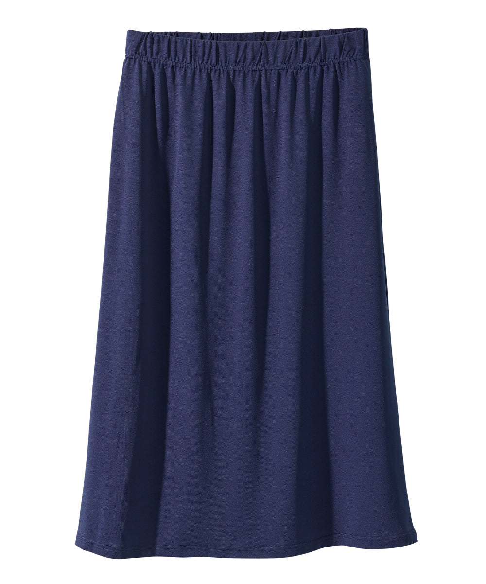 Women’s navy blue pull on skirt with pull up loops and elastic waistband.