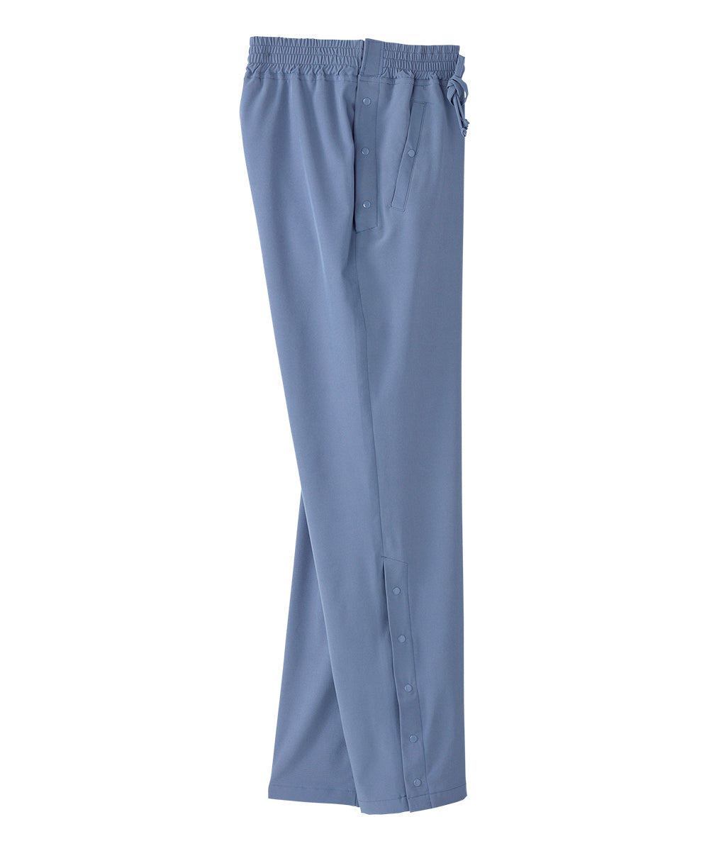 Women’s light blue leisure pants with snaps along the waist and leg openings.