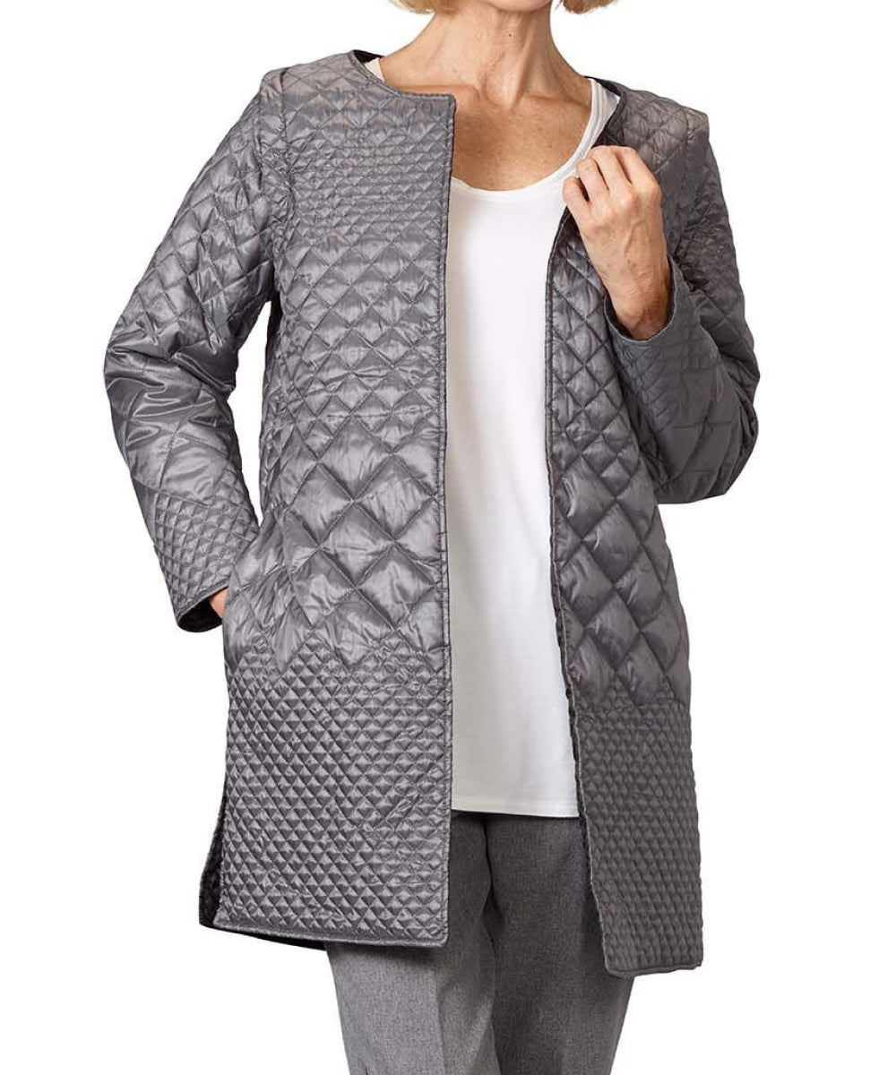 Women’s grey quilted reversible jacket with side seam pockets and removable sleeves.