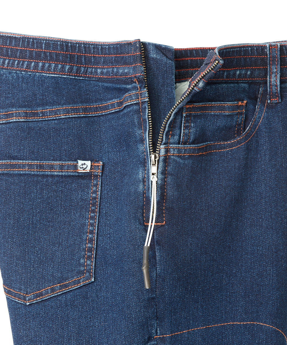 Denim pants with zip on waist sides attached with pull up tabs