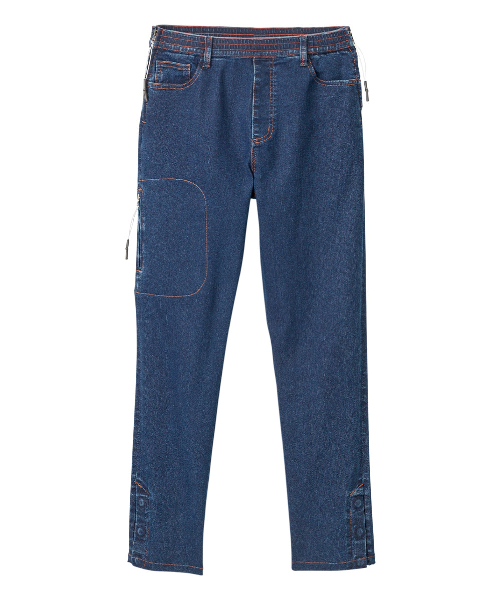 denim pants with elastic waist and zips on side of waist