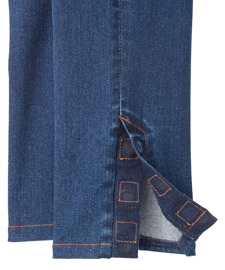 Denim pants with magnetic closures at ankles