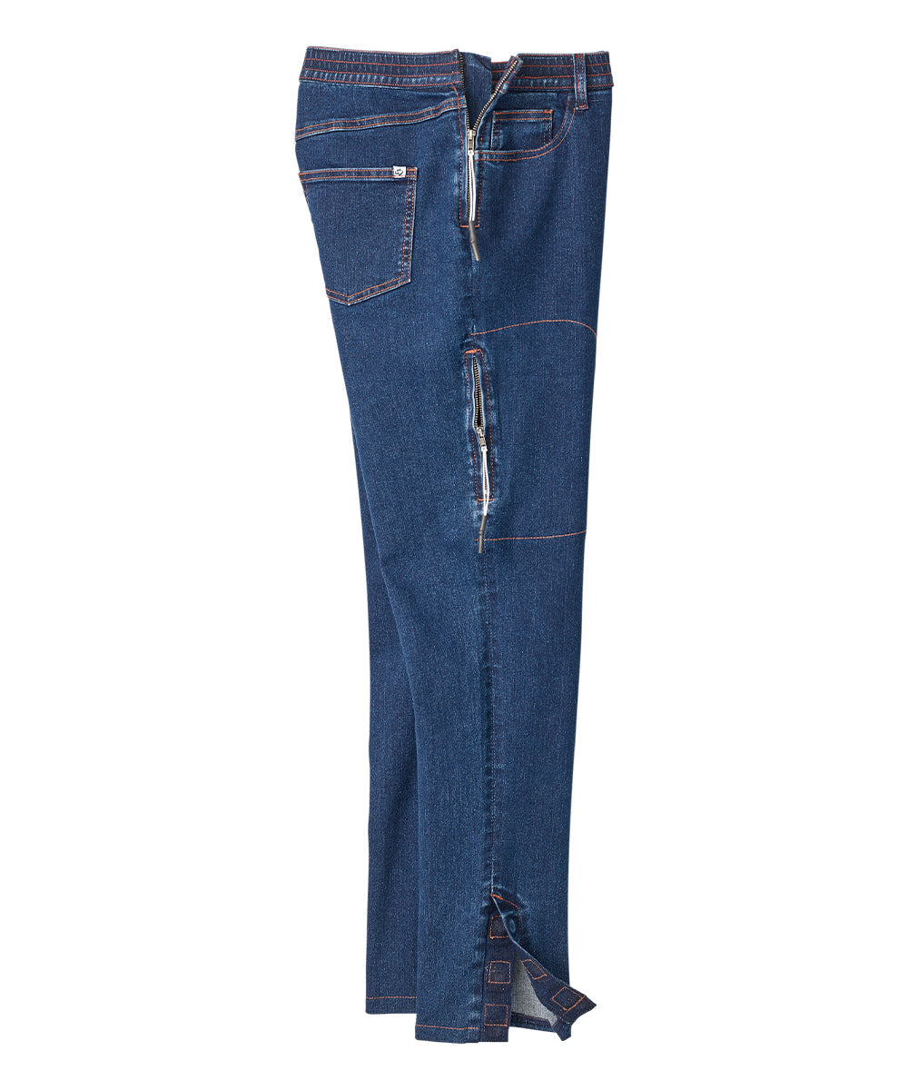 denim pants with elastic waist and zips on side of waist and knee