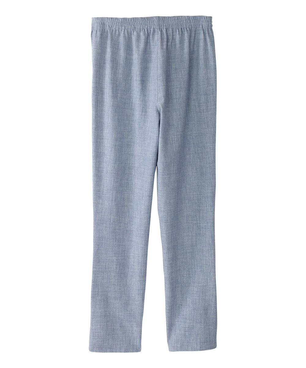 Women’s light blue linen pants with zipper and velcro combo on side seams.