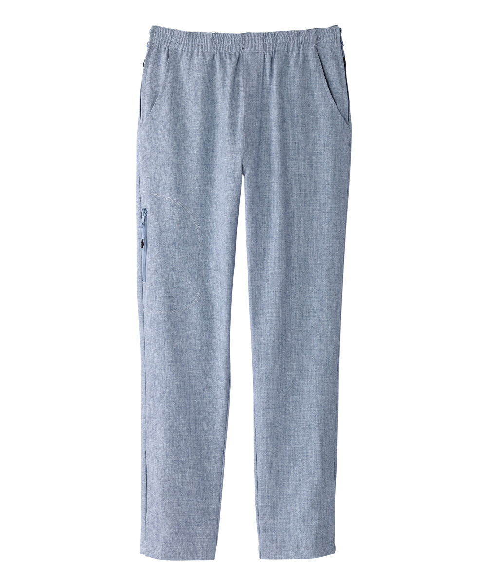 Women’s light blue linen pants with zipper and velcro combo on side seams.