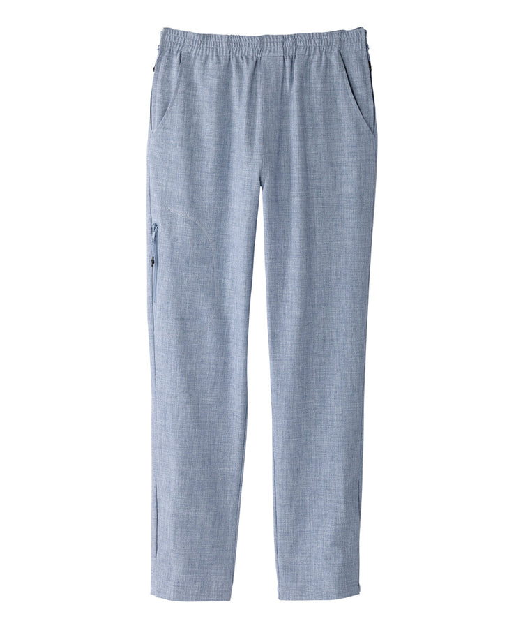 Women’s light blue linen pants with zipper and velcro combo on side seams.