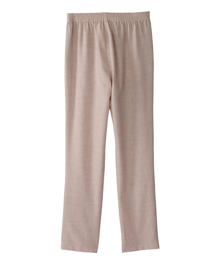 Women’s khaki linen pants with zipper and velcro combo on side seams.