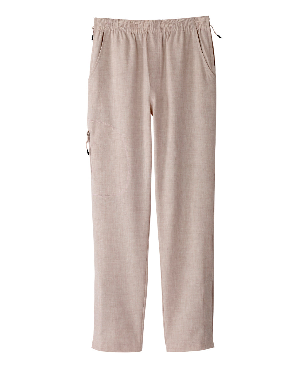 Women’s khaki linen pants with zipper and velcro combo on side seams.