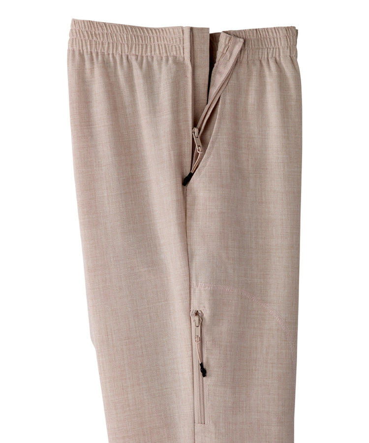 Close up of women’s khaki linen pants with zipper and velcro on side seams.