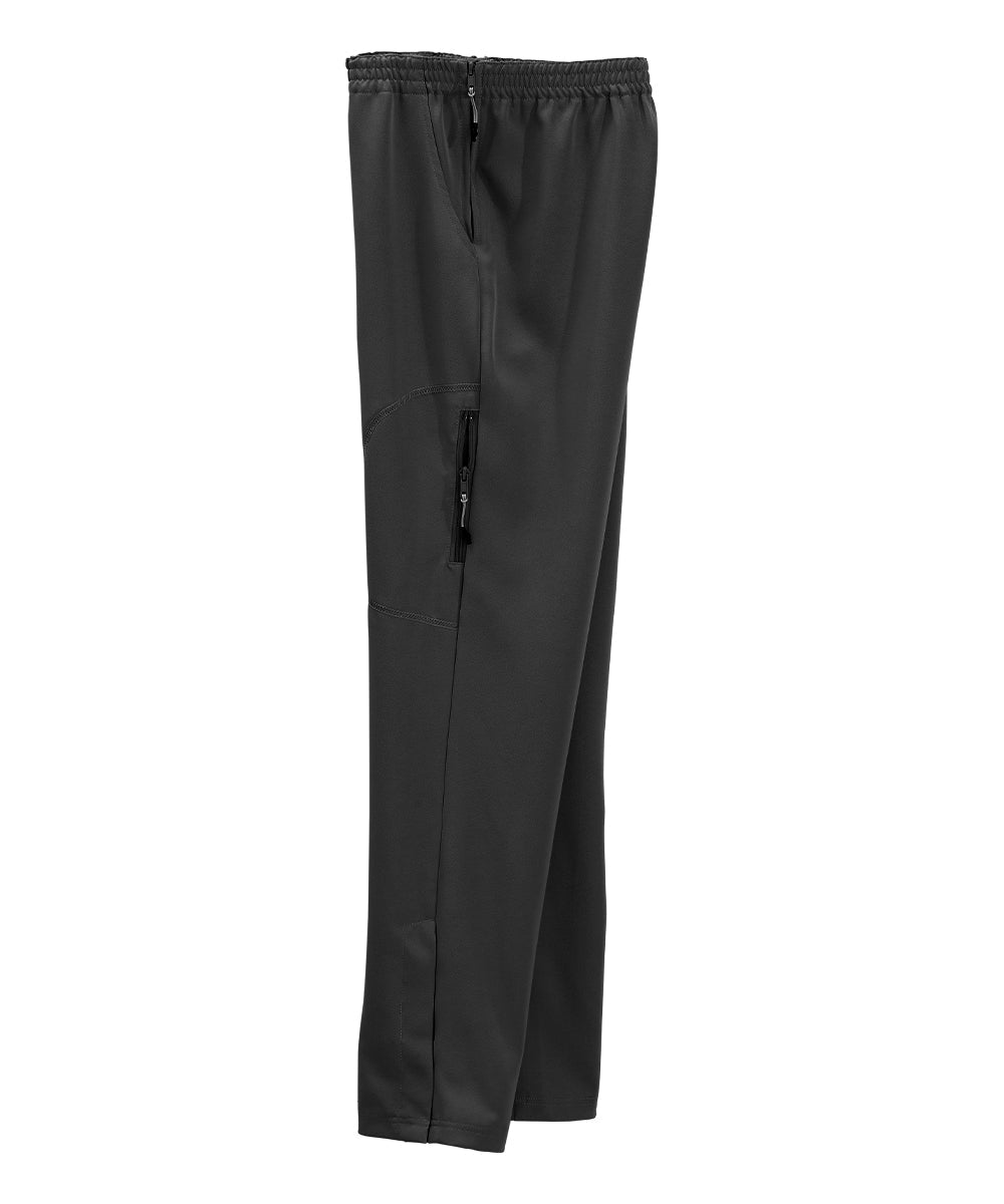 Women’s black side zipper pants with pull up loops and velcro tab closures.