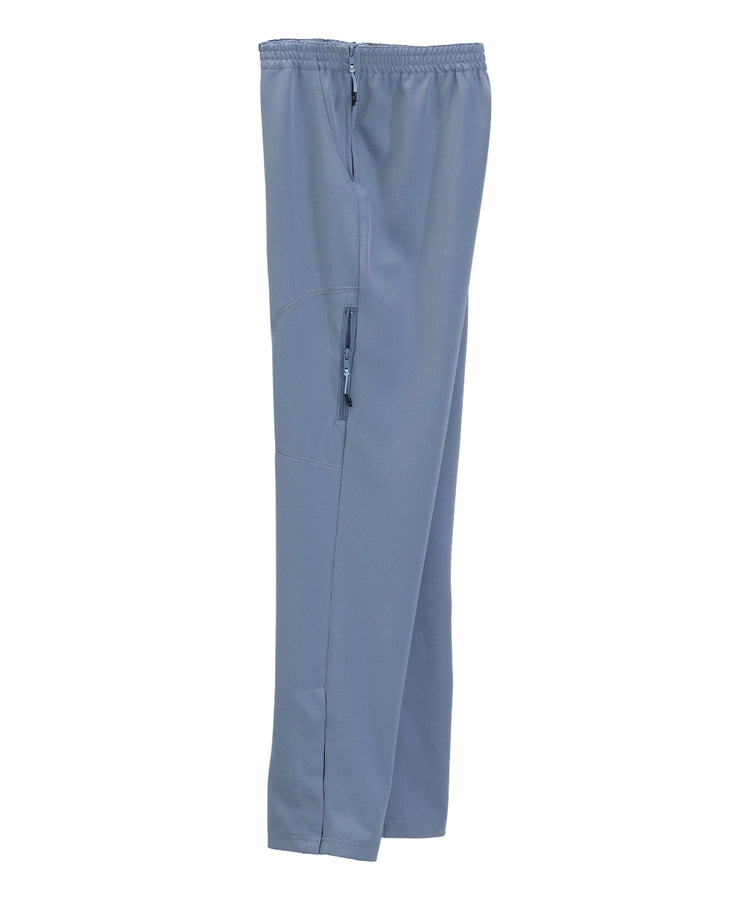 Women’s light blue side zipper pants with pull up loops and elastic waist.