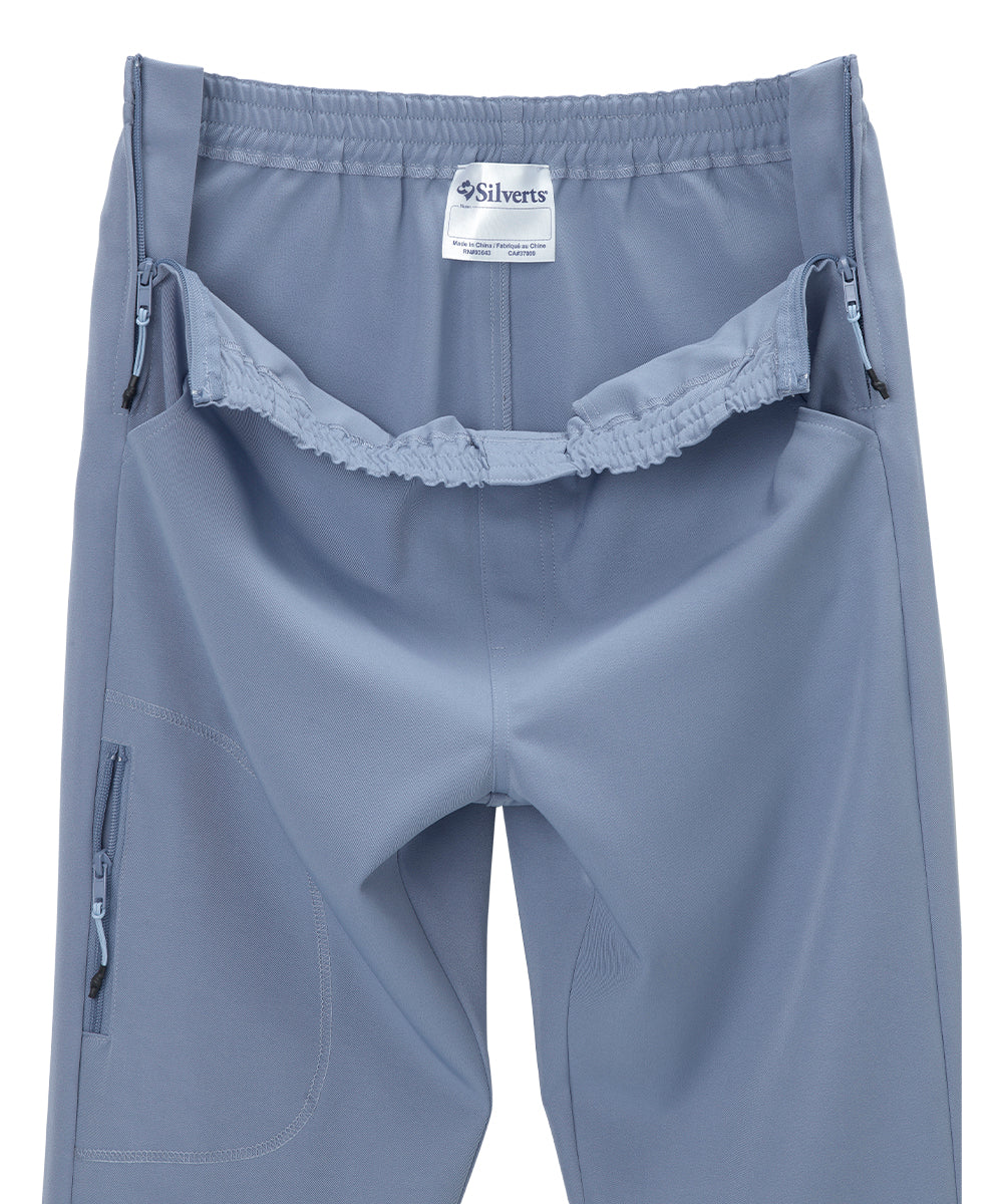 Close up of women’s light blue side zipper pants and elastic waist.