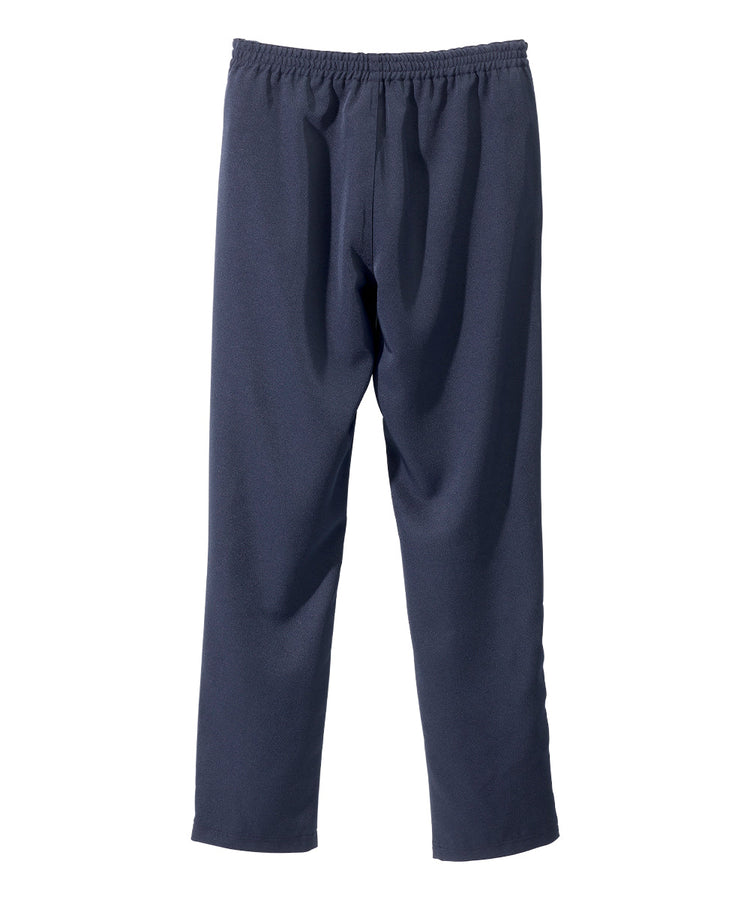 Women’s indigo blue side zipper pants with pull up loops and velcro tab closures.