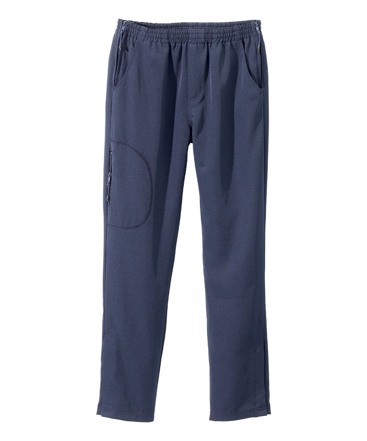 Women’s indigo blue side zipper pants with pull up loops and velcro tab closures.