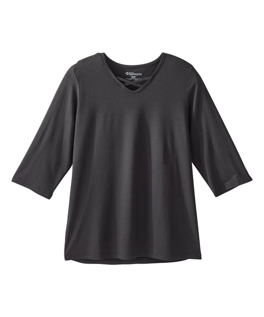 Women’s black elbow length top with back overlap and criss cross detail in front.