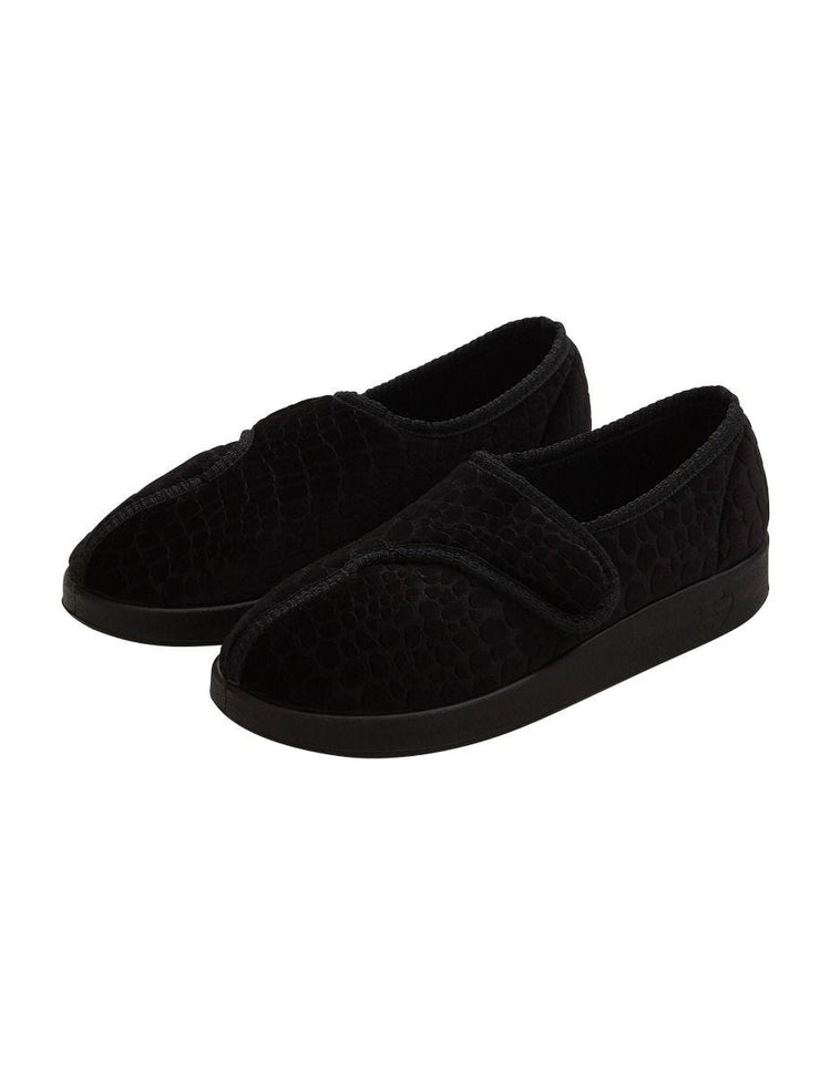 Extra wide, soft, non-slip black indoor slippers with large Velcro closures on top