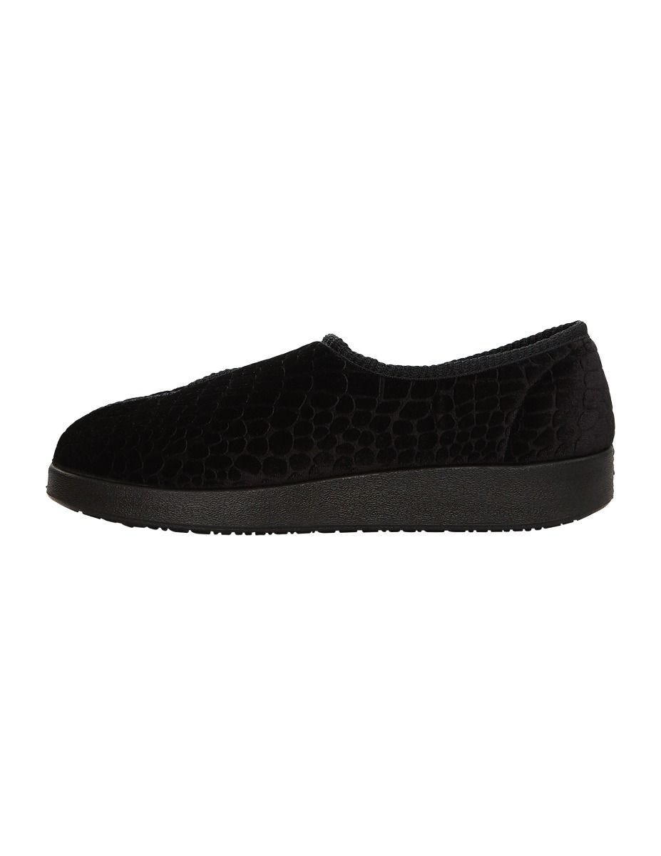 Side of the wide black indoor slippers, with small curvy shapes all over the slipper